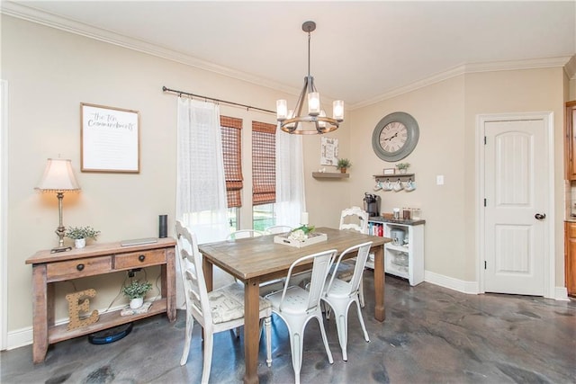 dining area with ornamental molding, finished concrete flooring, baseboards, and an inviting chandelier