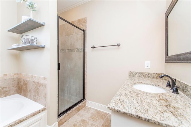 full bathroom with ornamental molding, a shower stall, vanity, baseboards, and a bath