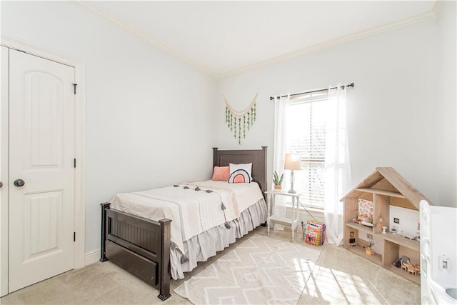 bedroom featuring ornamental molding and light carpet