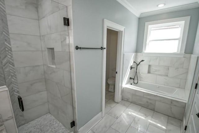 full bath with toilet, marble finish floor, ornamental molding, a bath, and a stall shower