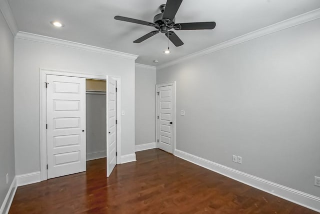 unfurnished bedroom with recessed lighting, baseboards, wood finished floors, and ornamental molding