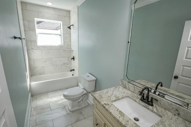 bathroom featuring bathtub / shower combination, vanity, toilet, and marble finish floor