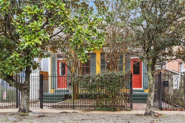 view of front of house featuring a fenced front yard and a gate