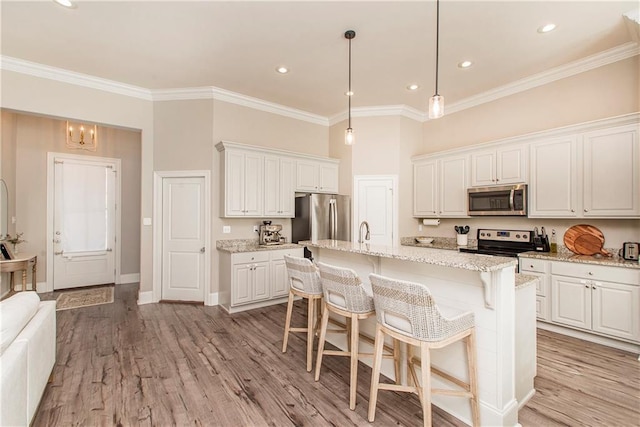 kitchen featuring light wood finished floors, stainless steel appliances, and crown molding