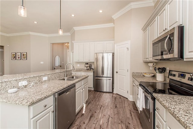 kitchen featuring stainless steel appliances, a sink, ornamental molding, and wood finished floors