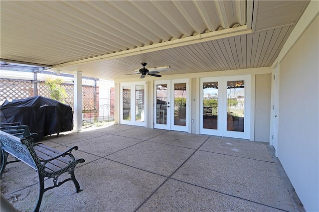 view of patio / terrace with french doors, a grill, a ceiling fan, and fence