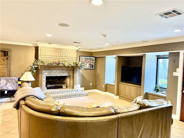 4701 Lake Vista Dr, Metairie, LA 70006 - living area featuring light tile patterned flooring, a fireplace, ornamental molding, and recessed lighting