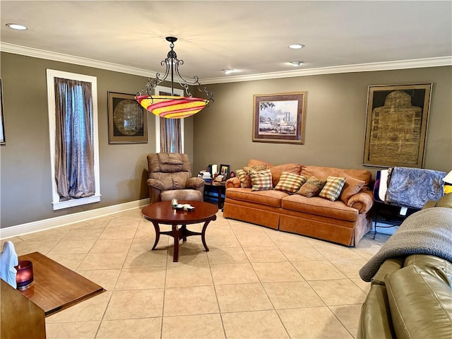4701 Lake Vista Dr, Metairie, LA 70006 - living room with light tile patterned floors, crown molding, and recessed lighting