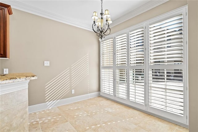 unfurnished dining area featuring a notable chandelier, ornamental molding, light tile patterned floors, and baseboards