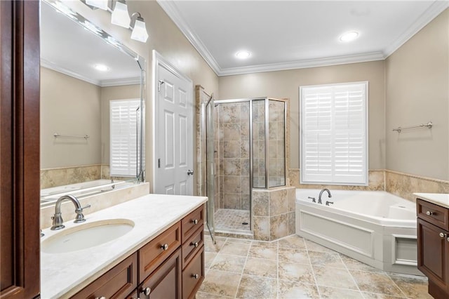 full bath with a garden tub, recessed lighting, vanity, a stall shower, and crown molding