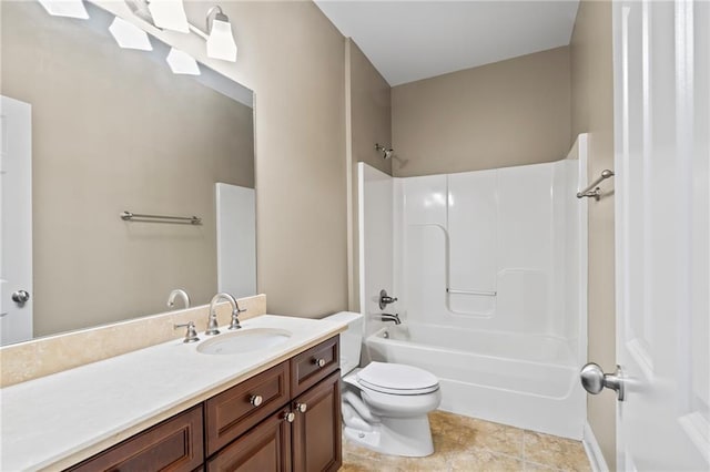 bathroom featuring washtub / shower combination, vanity, toilet, and tile patterned floors