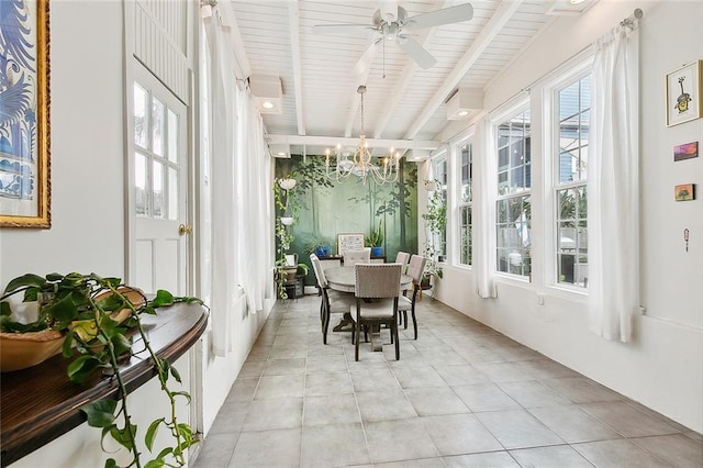 sunroom with beam ceiling and ceiling fan with notable chandelier