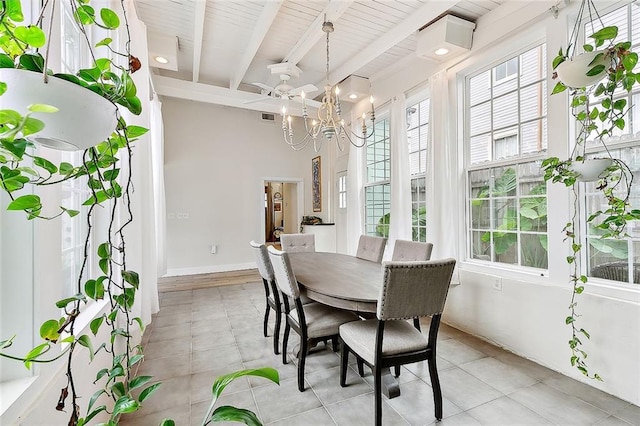 dining area featuring light tile patterned floors, visible vents, baseboards, beamed ceiling, and an inviting chandelier