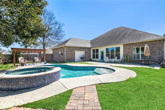 view of swimming pool with a lawn, a patio, a fenced backyard, a pool with connected hot tub, and a pergola