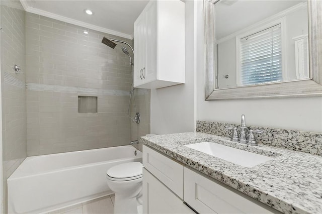 full bath featuring toilet, crown molding, vanity, washtub / shower combination, and recessed lighting