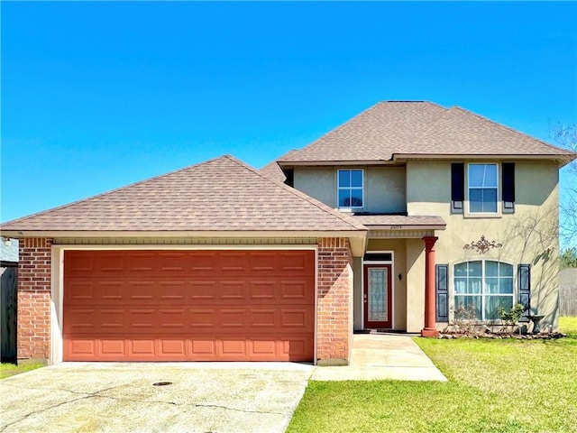 traditional home featuring stucco siding, a shingled roof, a front lawn, and brick siding