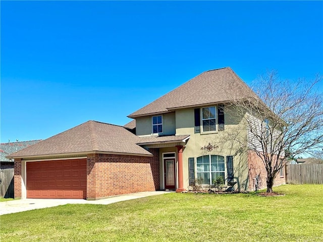 traditional-style house with driveway, brick siding, a front yard, and fence