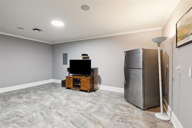 living area featuring ornamental molding, electric panel, visible vents, and baseboards