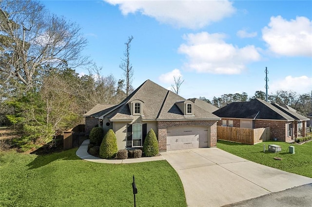 french country inspired facade with an attached garage, brick siding, fence, concrete driveway, and a front lawn