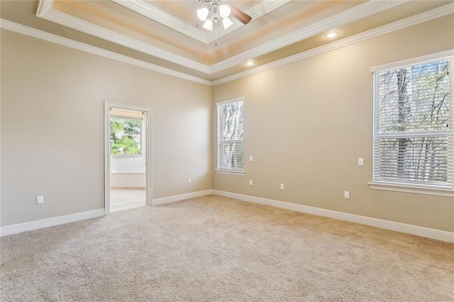 spare room featuring light carpet, plenty of natural light, baseboards, and crown molding