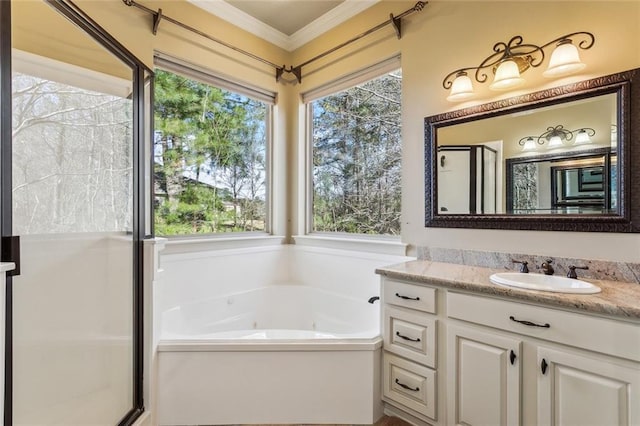 full bath featuring a tub with jets, ornamental molding, a stall shower, and vanity