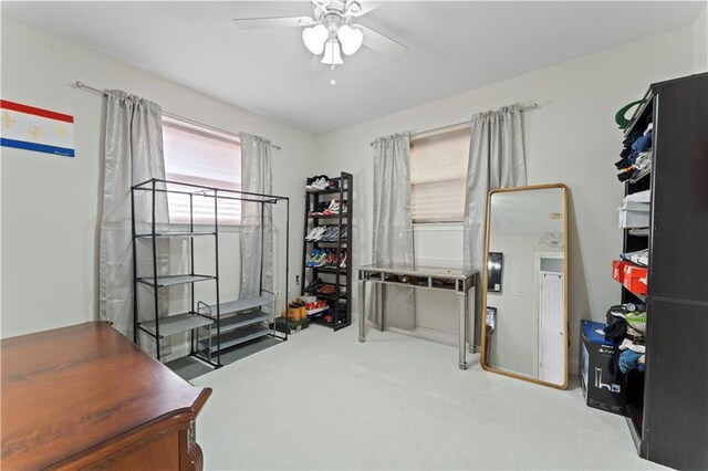 interior space featuring ceiling fan and carpet flooring