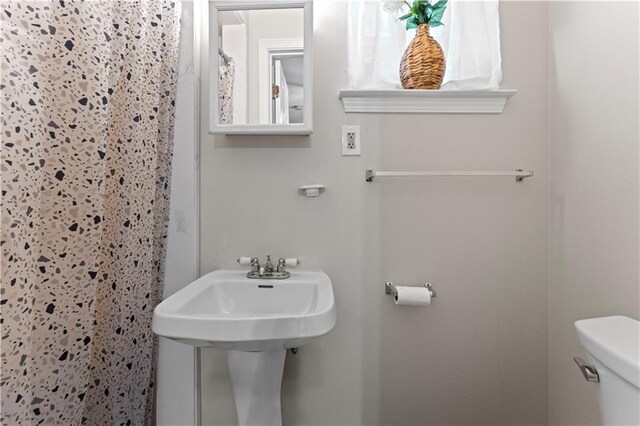 bathroom featuring toilet, a sink, and a shower with shower curtain