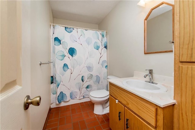 bathroom featuring shower / bath combination with curtain, vanity, and toilet