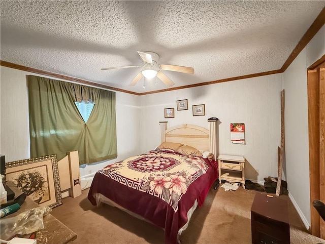 bedroom featuring a textured ceiling, carpet floors, a ceiling fan, and crown molding