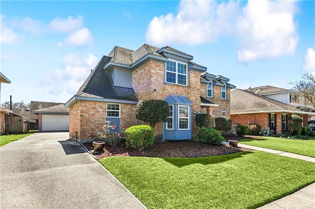 traditional-style home with an outbuilding, a front lawn, roof with shingles, and brick siding