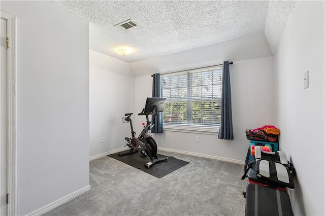 exercise room featuring carpet, visible vents, and lofted ceiling