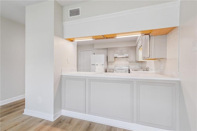 kitchen featuring under cabinet range hood, a sink, visible vents, backsplash, and freestanding refrigerator