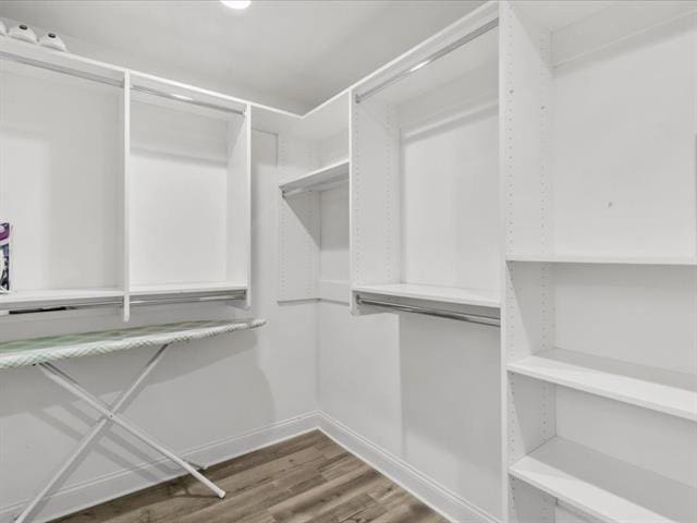 walk in closet with wood finished floors