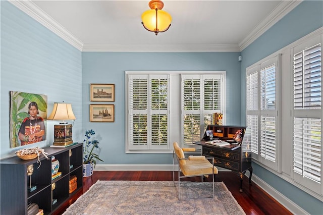 office area featuring crown molding, baseboards, and wood finished floors