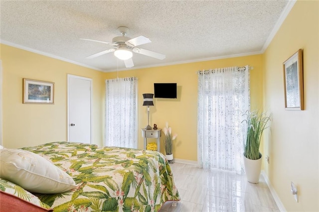 641 Petit Berdot Dr, Kenner, LA 70065 - bedroom featuring crown molding, a textured ceiling, baseboards, and a ceiling fan