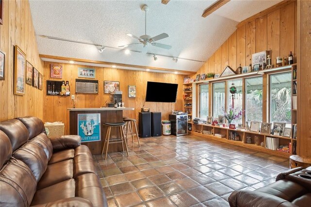 641 Petit Berdot Dr, Kenner, LA 70065 - living area featuring wooden walls, ceiling fan, rail lighting, vaulted ceiling, and a textured ceiling