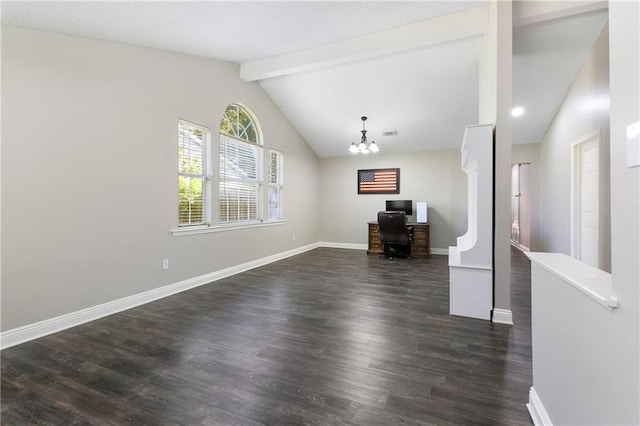 unfurnished living room featuring visible vents, dark wood-type flooring, an inviting chandelier, baseboards, and vaulted ceiling with beams