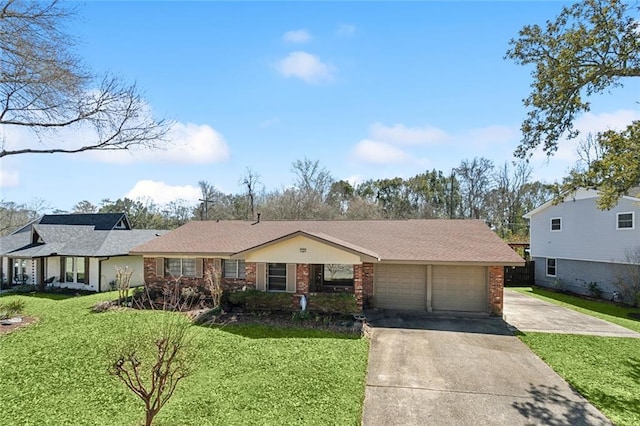 view of front of property featuring a garage, a shingled roof, brick siding, concrete driveway, and a front lawn