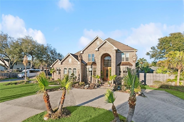 view of front of house featuring brick siding, driveway, a front lawn, and fence