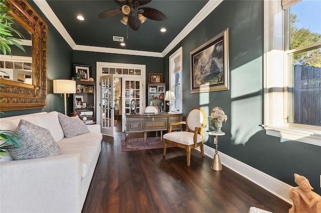 sitting room with a ceiling fan, baseboards, french doors, hardwood / wood-style floors, and crown molding