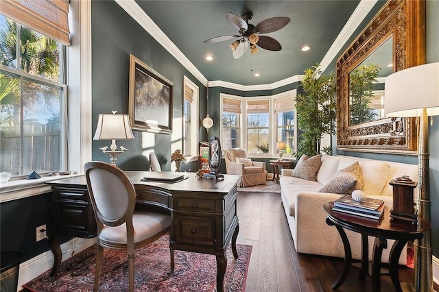 office area featuring ceiling fan, ornamental molding, dark wood finished floors, and recessed lighting