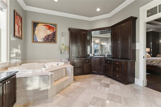 full bathroom with ornamental molding, connected bathroom, vanity, and a bath