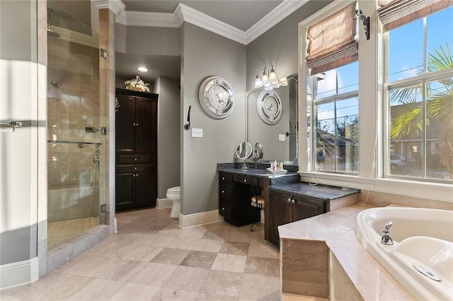 full bathroom featuring a stall shower, baseboards, toilet, ornamental molding, and a garden tub