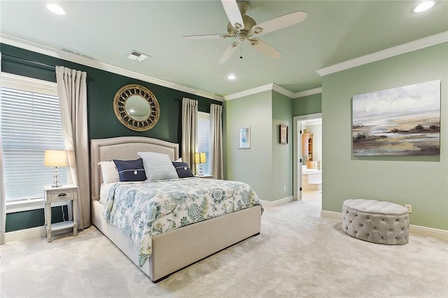 carpeted bedroom with recessed lighting, visible vents, ornamental molding, ceiling fan, and baseboards