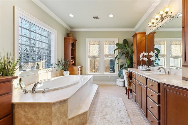 full bath with a bath, visible vents, crown molding, and vanity