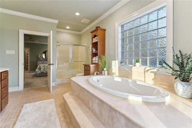 full bathroom featuring crown molding, ensuite bathroom, vanity, a shower stall, and a bath