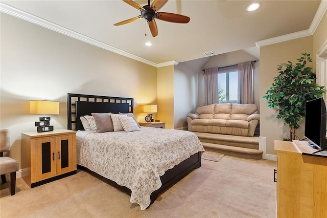 bedroom featuring recessed lighting, visible vents, ornamental molding, light carpet, and baseboards