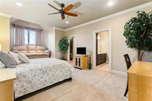 bedroom featuring ornamental molding, recessed lighting, visible vents, and light colored carpet