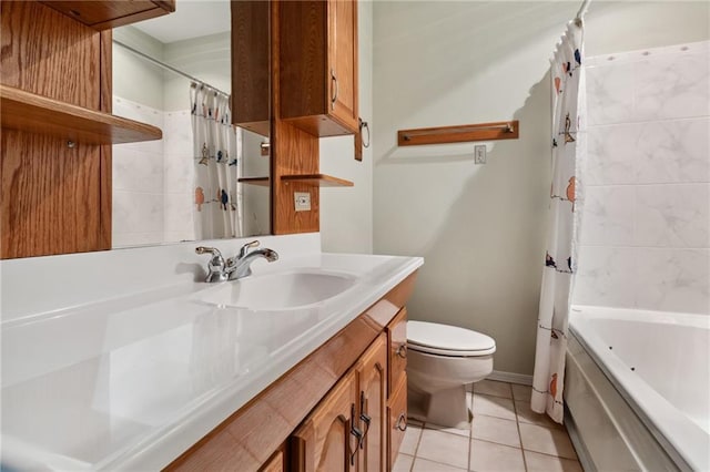 bathroom with toilet, shower / bath combo, vanity, tile patterned flooring, and baseboards