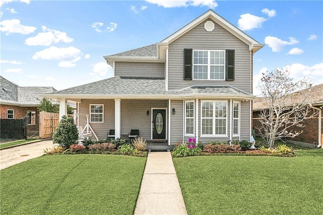 traditional-style house with a shingled roof, a porch, fence, and a front lawn